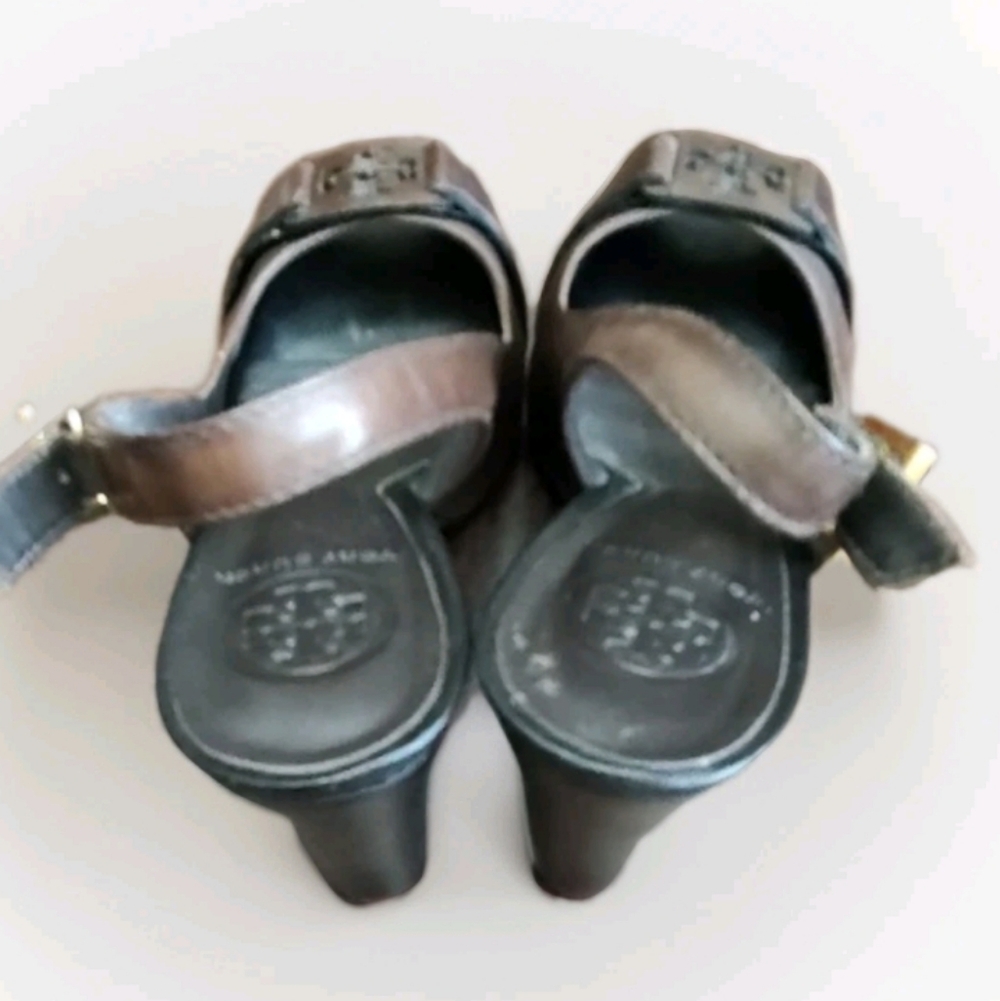 Tory Burch Womens 7M Peep Toe Slingback High Heels Tennyson Brown Leather Pump - Picture 3 of 12